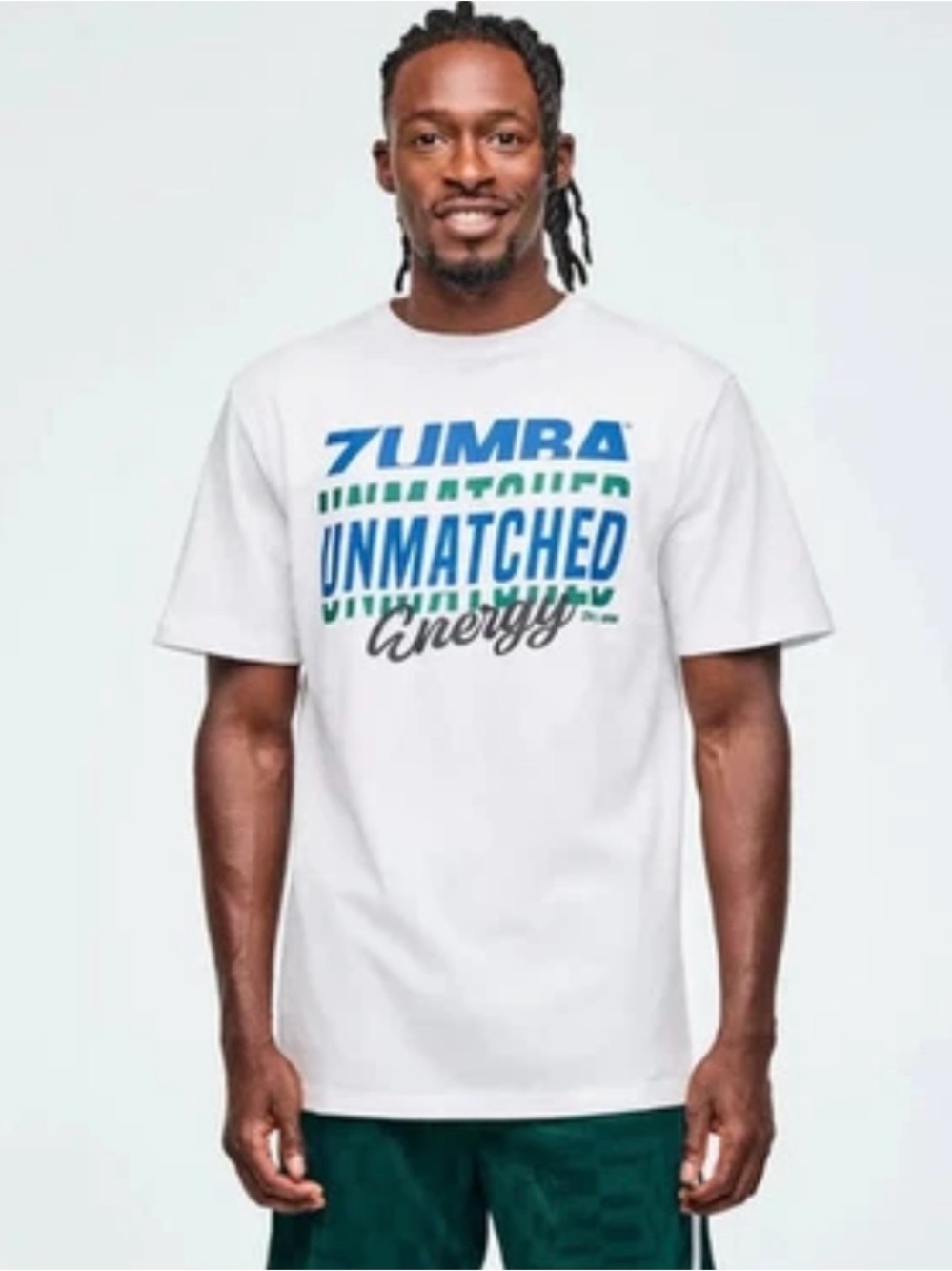 Zumba Fitness White Tee with Blue & Green Logo Text